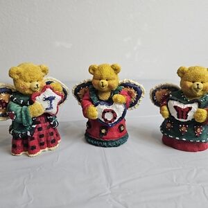 Festive Angel Bear Figurine Trio - Red, Green, Gold